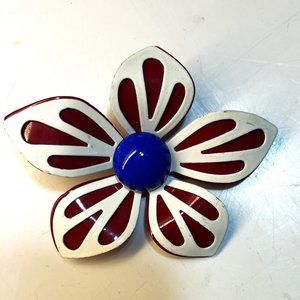 1970s Flower Power Brooch Red, White and Blue enamel and plastic